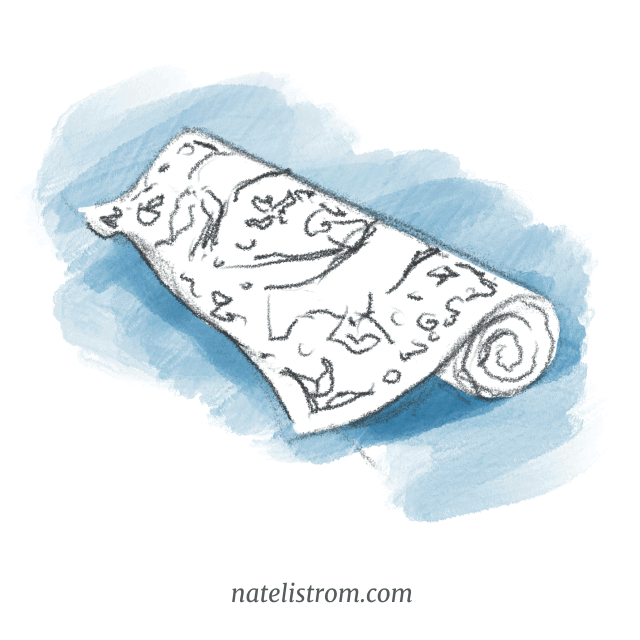 A sketch of a tapestry, rolled up and laying on the floor.