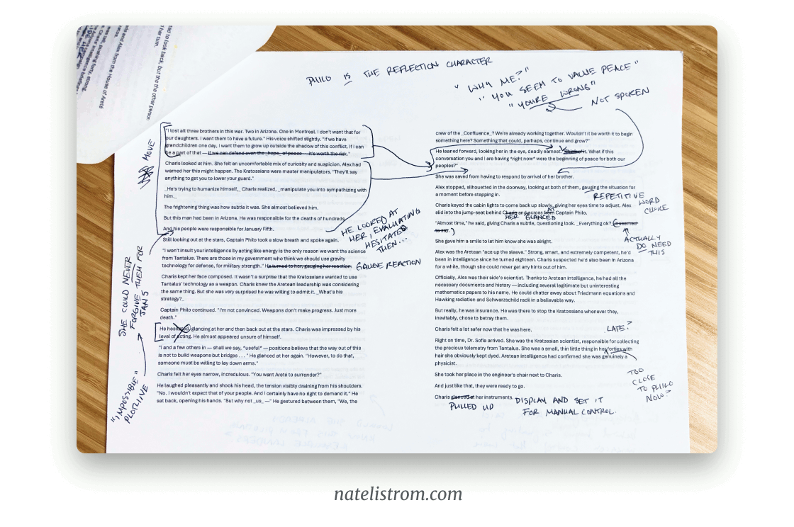 an overhead photo of a printed page of the story with handwritten notes scrawled in the margins