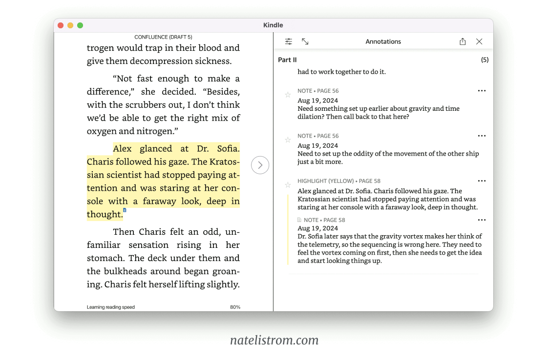 a screenshot of the Kindle app with a highlighted section of story on the left and notes on the right